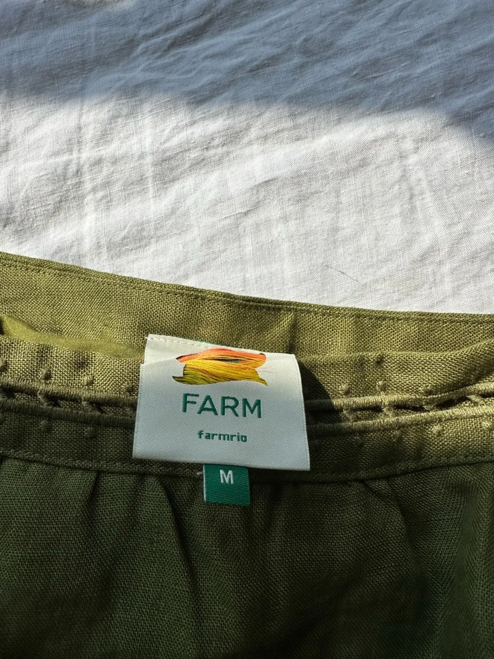 FARM Rio 100% Linen Olive Green Cutwork Midi Skirt - Picture 4 of 10